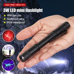 Mini LED Flashlight UV Penlight White/Red Light Handheld Pen Light 1 Switch Mode Clip Pocket Lamp Power by AAA Battery