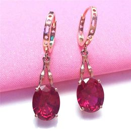 Dangle Earrings 585 Purple Gold Oval Ruby For Women 14k Rose Inlaid Triangular Crystal Fashion Simple Light Luxury Party Jewellery