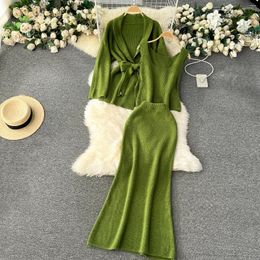 Work Dresses Clothland Women Sweet Knitting Three Piece Set O Neck Tank Top Long Sleeve Belt Cardigan Mermaid Skirts Fashion Suit TA345