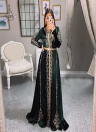 Velvet Moroccan Kaftan Evening Dresses hunter green Golden embroidery Appliques Saudi Arabic Muslim long sleeve Prom Gown9117326