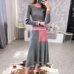 Work Dresses 2024 Spring Autumn Long Sleeved Knitted Dress Two-piece Suit Skirt Girl Lady Slim Big