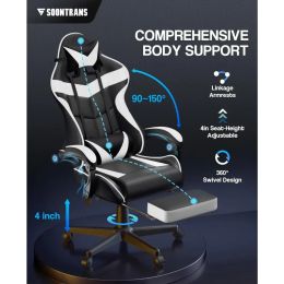 Reclining Chair Office (Polar White) Ergonomic Gamer Chair With Headrest Video Game Chairs for Adults Teens Chaise Gaming Sofa