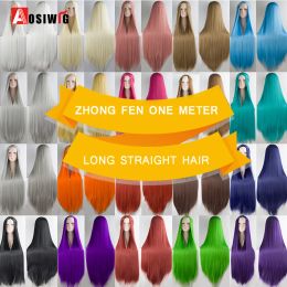 Wigs AOSI 100CM Long Straight Cosplay Wig Synthetic Hair For Halloween Red Black Brown Pink Wig Heat Resistant Lolita Women's Wigs