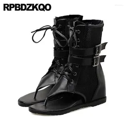 Boots Medium Heel Wedges Lace Up Patchwork Motorcycle Ankle Strap Thong Shoes Belts Mesh Zip Women Biker Sandals Height Increase