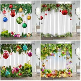 Shower Curtains Christmas Curtain Green Pine Branches Xmas Balls Gifts Year Wall Hanging Home Decor Polyester Cloth Bathroom