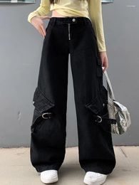 Women's Jeans 2024 Grunge Y2K Ropa Strap Zipper Washed Black Baggy Cargo Pants For Women Clothes Wide Leg Hip Hop Female Gothic Trousers