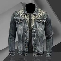 Mens retro denim jacket high street trendy embroidered lapel motorcycle loose casual fashion versatile mens clothing 240321