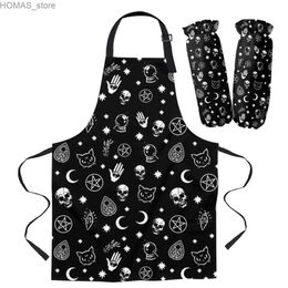 Aprons Apron Set Black Witch Skull Moon Split Kitchen Apron Oven Gloves Cooking Womens and Childrens Apron Cuff Baking Accessories Y240401