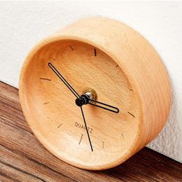 Table Clocks Solid Wood Mini Round Mute Desk Clock Needle Alarm Living Bedroom Desktop Ornament Crafts Nordic Decoration Bedside Watch