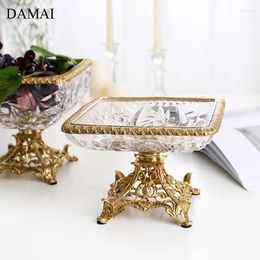 Plates European Vintage Crystal Glass Square Copper Bottom Decorative Fruit Diplay Tray Living Room Decoration