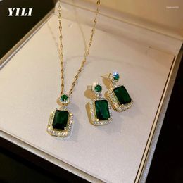 Pendant Necklaces 2024 Fashion Square Green Crystal Necklace For Women Luxury Korean Emerald Zircon Earrings Girls Party Jewellery Set