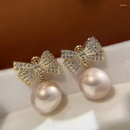 Dangle Earrings S925 For Women Romantic Baroque Simulated Pearls Cubic Zirconia Bowknot Fine Jewellery Wedding Drop Stud Earring