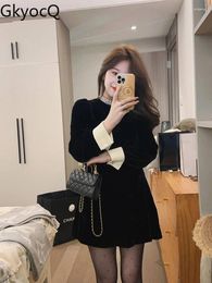 Casual Dresses GkyocQ French Elegant Black Velvet Dress Beading O Neck Long Sleeve A Line Short Vintage Female Waist Slim