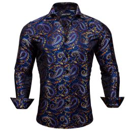 Luxury Silk Mens Shirts Long Sleeve Silk Blue Gold Red Paisley Spring Autumn Slim Fit Male Blouses Casual Lapel Tops Barry Wang