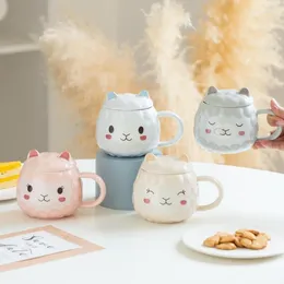 Mugs Alpaca Cartoon Ceramic Mug With Lid Breakfast Office Milk Oatmeal Girls Couple Gift Cute