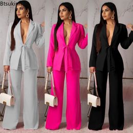 Womens Formal Business Suit Sets Office Wear Two Piece Blazer Pants Professional Woman With Waist Tied 240319
