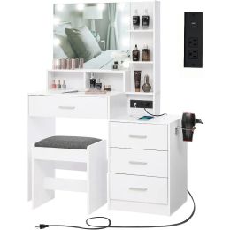 Usikey Large Vanity Table Set with Lighted Mirror & Charging Station, with 4 Storage Shelves and 4 Drawers & Cushioned Stool