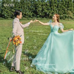 OLOEY Fairy Mint Green Organza A Line Prom Evening Dresses Korea Lady Puff Short Sleeves Evening Gowns Garden Wedding Photoshoot
