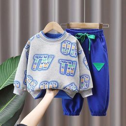 Fall Children Boys Clothes Teenage Girl Letter Packwork Sweater Pullover and Sports Pant Set Kid Sweatshirt Top Buttom Tracksuit 240318