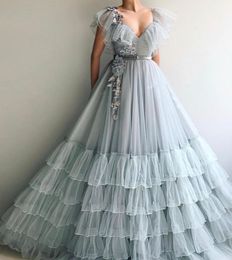 robe de soiree 2019 A Line Evening Dress Light Blue V Neck Tulle Flowers Dubai Saudi Arabic Long Evening Gown Party Dress7683812