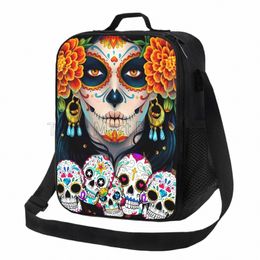 sugar Skulls and Roses Day of Dead Insulated Lunch Bag Reusable Bento Tote with Adjustable Shoulder Strap for Work Travel Picnic H7Ko#