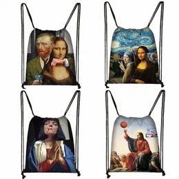 funny Van Gogh Ma Lisa drawstring bag ladies storage bags women fi backpack teenager girls party shop bag 75Wp#