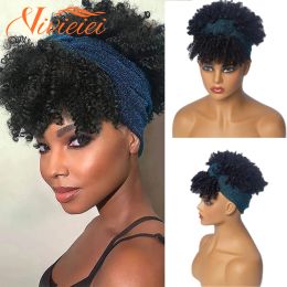 Wigs Synthetic Short Kinky Curly Headband Wigs for Black Women Afro Curls Black Wigs with Scarf Natural Curly Turban Wrap Wig Cosplay