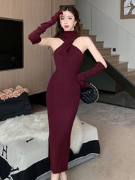 Casual Dresses Fashion Knitted Solid Stretchy Long Women Ladies Clothing Sweater Sexy Off-Shoulder Skinny Party Dress Robe Vestidos