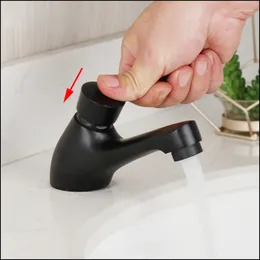 Bathroom Sink Faucets Matte Black Solid Brass Faucet Single Cold Push Type Self-Closing Tap Basin