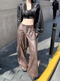 Women's Pants 2024 Autumn And Winter Brown Low Waist Vintage Split Cut Draping Wide Leg Leather