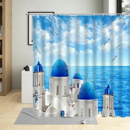 Shower Curtains Seascape Beach Scenery Paint Santorini Blue Roof Church Greece Building Bathroom Home Decor With Hooks