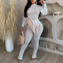 Women's Two Piece Pants Langmao Casual Tassels Irregular 2 Set Women See Through Outfit Long Sleeve T Shirt Tops Bodcyon Suit