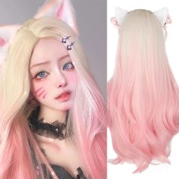 Wigs Synthetic Wig Long Wavy Wig Ombre Golden Wig Pink Wig Female Ahri KDA Cosplay Medium Natural Hair High Temperature Fiber Wig