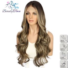Brown 13x4 Synthetic Lace Front Wig Highlight Swiss Transparent Lace Front Wig Body Wave Full Cosplay Daily Wear