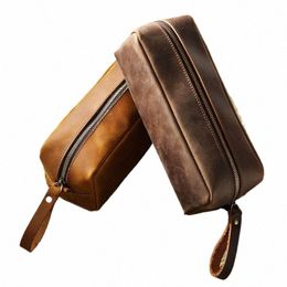 first Layer Cowhide Pencil Bag Square Retro Crazy Horse Leather Zipper Simple Large-capacity Pencil Case Statiery Bag w4mP#