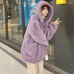 Women's Fur Fall Winter Faux Coat Women Casual Warm Soft Imitation Rex Oversized Hooded Outerwear Loose Thick Female Plush Jacket