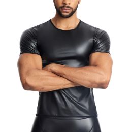 New Men's Body Shaper Black T-Shirt Faux Leather Short Sleeve Tops Male Slimming Shirt Waist Trainer Leather Shapewear Underwear