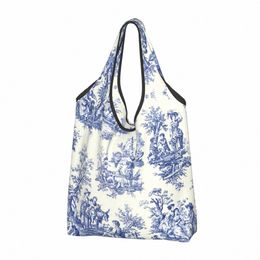 french Navy Blue Toile De Jouy Motif Pattern Grocery Shop Bag Shopper Tote Shoulder Bag Large Traditial France Art Handbag V3Ey#