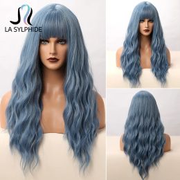 Wigs La Sylphide Halloween Cosplay Wig Long Deep Wave Gray Blue Synthetic hair Wigs with Bangs for Woman Heat Resistant Wigs