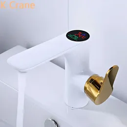 Bathroom Sink Faucets LED Digital Display Faucet Deck Mounted White And Cold Water Mixer Grifo Luxury Brass Black Tap Basin Taps