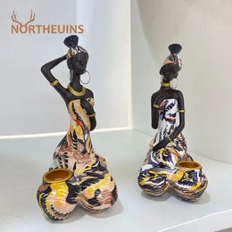 NORTHEUINS Resin Black Woman Candlestick African Exotic Statues Art Lady Figurines for Interior Decor Desktop Accessories Object 240318