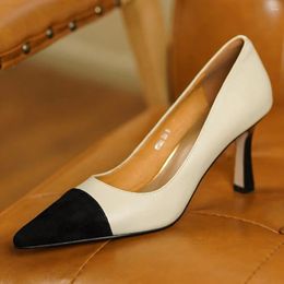 Dress Shoes Women's Genuine Leather Mix Color Patchwork Pointed Toe Slip-on Pumps 7cm Thin High Heel Elegant Ladies Evening Heels Shoe