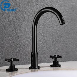 Bathroom Sink Faucets OUIO Gold Finished Swivel Bathtub Basin Faucet 3 Pcs 2 Handles Solid Brass Antique Deck Mounted Mixer Tap