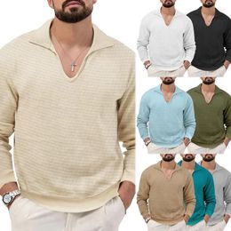Men's Casual Shirts Europe And The United States Lapel V-neck Shirt Fashion Slim Long Sleeve Waffle T-shirt Base Wear