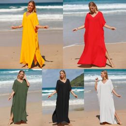 Wear Solid Blue Plus Size Long Kaftan Casual Vneck Robe Summer Maxi Dress Woman Clothing Beach Wear Swim Suit Cover Up Bikini jacket