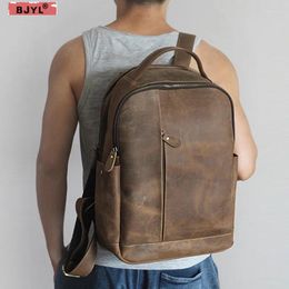 Backpack BJYL Leather Men Backpacks Retro Crazy Horse Men's Business Laptop Shoulder Bag Leisure Travel Computer