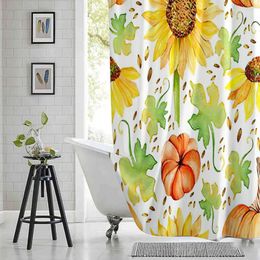 Shower Curtains Autumn Harvest Pumpkin Sunflower Curtain Leaves Vine Printed Polyester Fabric Waterproof Bathroom With Hooks