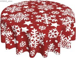 Table Cloth Red Christmas Tablecloth 60 Inch Winter Season White Snowflake Decorative Round Table Cloth Xmas Decorations for Holiday Party Y240401