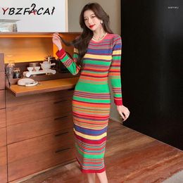 Casual Dresses Winter Dress 2024 Colourful Striped Knit Long Sleeve Women O Neck Pullover Slim Over Knee Midi Korean T-Shirt