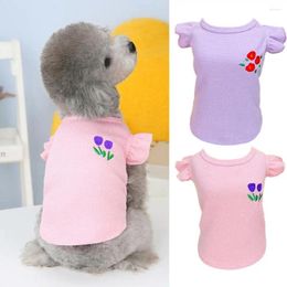 Dog Apparel Blouse Ruffle Sleeve Round Neck Summer Pullover Top Flower Embroidery Pattern Pet Vest Shirt Supplies